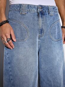 ROMWE MEN Essentials Quần short denim ống rộng dáng suông, không đối xứng, có túi dành cho nam. - Màu xanh lam - Xem 2