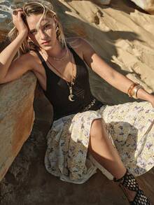 MOTF STUDIO WOMEN'S CROCHET LACE FRINGE KNIT TANK TOP, SPRING/SUMMER - Black - View 4