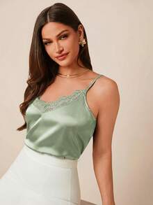 Amorya Áo hai dây nữ màu xanh satin thanh lịch với cổ áo ren, đa năng cho mùa xuân/hè hoặc mặc lót bên trong áo khoác vào mùa thu/đông. - Màu xanh Bạc hà - Xem 6