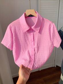 Comfortcana Pink Textured Knit Fabric Button Front Short Sleeve Shirt Button Up Top Women Shirts Summer Crop Shirt For Women Cropped Shirts Cropped Button Up - Pink - View 6