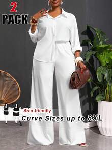SHEIN CURVE+ Curve 尺码 US22 音乐节、海滨度假、波西米亚风 2026 春夏新款优雅通勤/度假休闲/日常户外 纯白色宽松长袖常规衬衫上衣和宽松阔腿超长裤 女装两件套 - 白色 - 查看 1