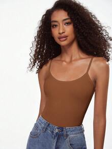 SHEIN BASICS 1 chiếc áo hai dây không tay màu trơn, thiết kế tối giản, thoải mái, đa năng cho mùa hè. - Rỉ Nâu - Xem 4