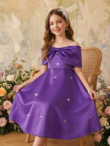 "One Piece Girls Aged 8- 12 Years Elegant Princess - Style Satin Fabric Chest Large Bowknot Rhinestone Embellished Off - Shoulder Sleeveless A - Line Midi Dress For Party, Wedding, Flower Girl, Ceremony, Pageant, Spring & Summer" - Purple - View 4