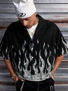 AXEPEAK Men's Front Button Short Sleeve Dropped Shoulder Casual Loose Flame Pattern Shirt - Black - View 5
