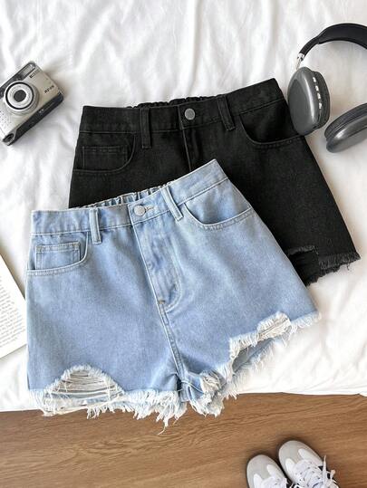 2件套 女童蓝黑色牛仔修身破洞短裤