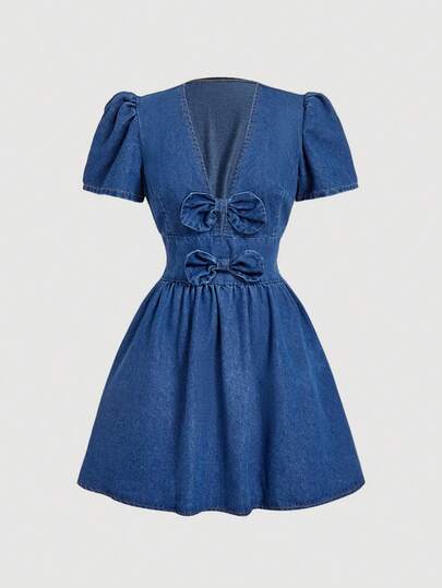 SHEIN MOD Women's Casual Denim Dress With Bowknot Decor And Puff Sleeves, Summer