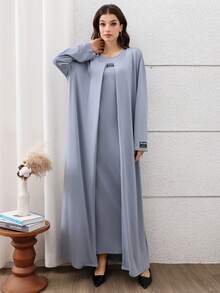 Graceveil 灰蓝色提花束腰连衣裙+外套，时尚优雅的法式阿拉伯风格女士套装 - 霧霾藍 - 查看 7