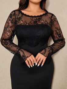 Elaquor Plus Size Women Contrast Lace Round Neck Flare Sleeve Fitted Elegant Dress - Black - View 7