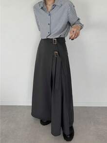 FRIFUL 女士纯色不对称褶裥D形环腰宽下摆半身裙，宽松休闲百搭 - 灰色 - 查看 2