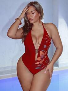 Swim SXY 大码女士新款连体泳衣，优雅数码定位印花，性感深V领，高端金属配件，可拆卸胸垫，颈肩带设计，丁字裤底，休闲时尚沙滩度假泳装 - 紅色 - 查看 5