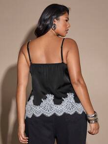 SHEIN BAE Women's Elegant Black And White Color-Blocked Lace Patchwork Camisole,Summer Night V-Neck Bustier Top With Hem,Versatile Elegant Top - Black and White - View 3
