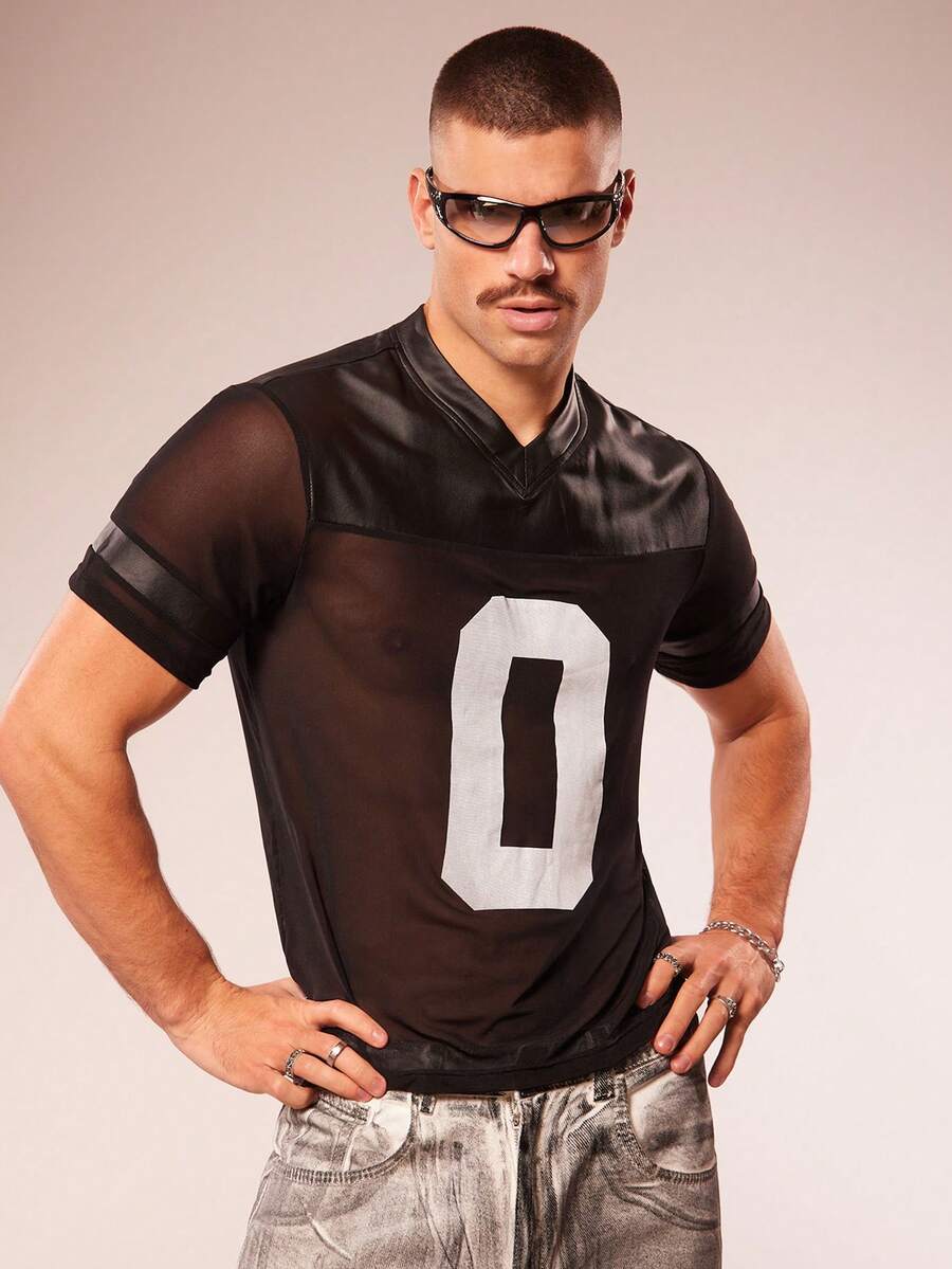 FeverCity Sexy Mesh Sheer V-Neck Faux Leather Crop Top, See-Through Short Sleeve T-Shirt - Black - View 1