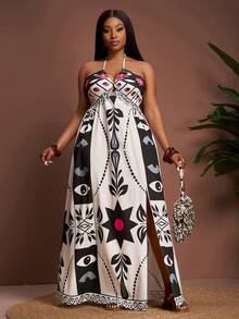 Veslaya Plus Size Women's 2026 Early Spring New Music Festival & Easter Western Style All-Over Print Halter Dress, Summer Dresses - Multicolor - View 7