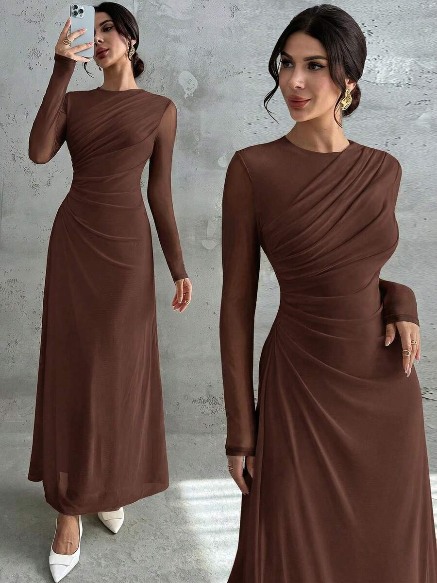 Firerie 女士优雅正式办公通勤休闲度假派对复古教师秋季网纱纯色圆领腰部褶裥A字长袖连衣裙，浅黄色 - 咖啡 - 查看 1