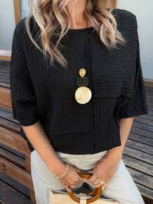 Vivie Lora Women's Solid Color Loose Fit Round Neck Patchwork T-Shirt, Short Sleeve Summer - Black - View 6