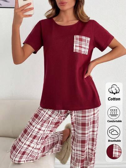 SHEIN Sweetheart Plaid Cotton PJ Set – Cozy Short Sleeve Lounge Essential