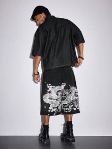 ROMWE MEN Anime Quần short denim nam in hình rồng, kiểu dáng thường ngày, thích hợp cho mùa hè. - màu đen - Xem 7
