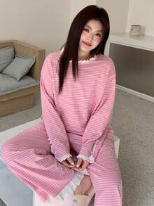Dazy Plus 2pcs/Set Cute Striped Loose Long Sleeve Top And Long Pants Pajama Set, Pink, Spring/Summer - Pink - View 7