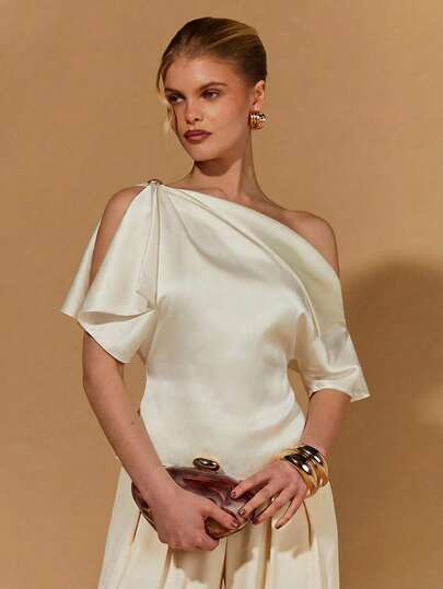 COSMINA Asymmetric Satin Metallic Button Decor Short Sleeve Blouse, Casual Commute Elegant Y2K Chic Minimalist T-Shirt Shirt, White Satin Top