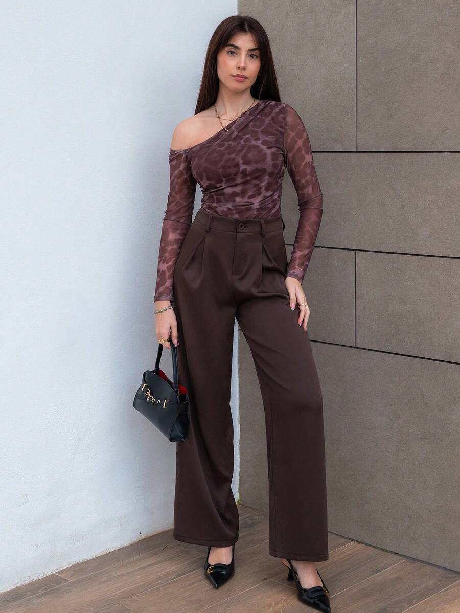 Hitanina 女士时尚豹纹网眼露肩长袖紧身衣 - 咖啡棕 - 查看 1