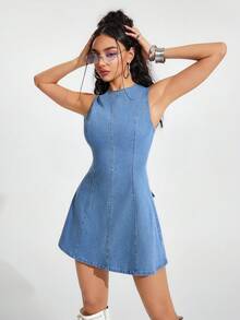 Jeanoix Đầm denim không tay hở lưng buộc dây dành cho nữ - Rửa nhẹ - Xem 4