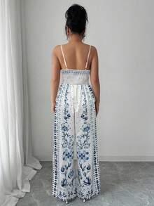 Rafferiza Bộ jumpsuit ống rộng, eo ren thanh lịch dành cho nữ, jumpsuit dự tiệc cưới, jumpsuit mùa hè, jumpsuit in hoa, jumpsuit phong cách boho, jumpsuit đi nghỉ mát, trang phục bohemian cho nữ, jumpsuit thanh lịch cho nữ, trang phục dài đi biển cho nữ. - Màu xanh lam - Xem 2