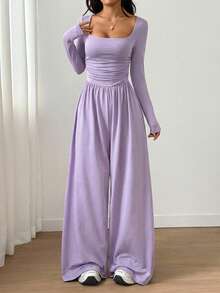 SHEIN Unity 女士方领长袖休闲简约褶皱连体裤 - 淡紫色 - 查看 7