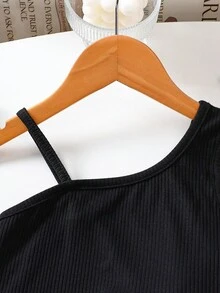 SHEIN 2 Pieces Set: Young Girl Solid Color Knit Spaghetti Strap Tank Top And Denim Shorts,College Style, Back To School.School Daily. - Black - View 6