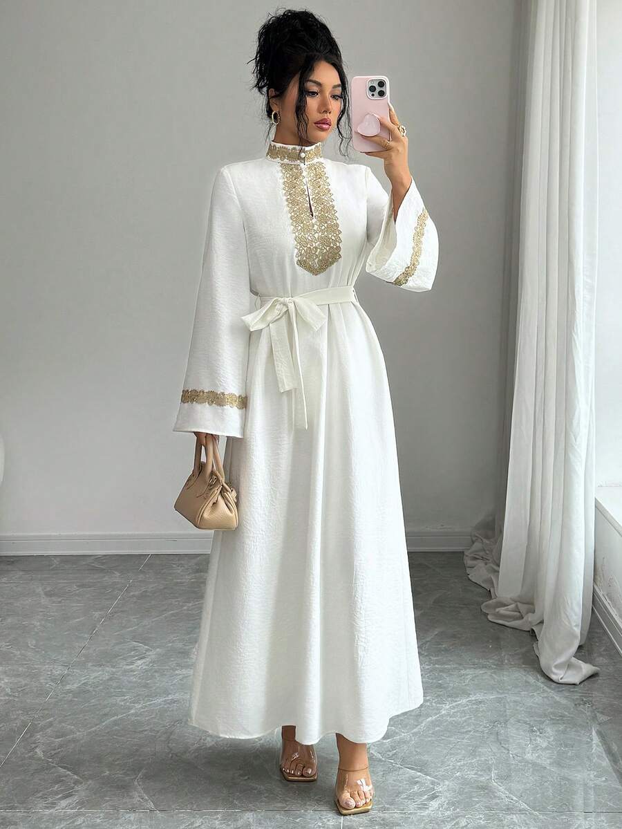 Elenzga 女士优雅闪亮休闲蕾丝腰身连衣裙 - 米色 - 查看 1