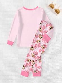 一套女童紧身睡衣，咖啡女孩印花图案，撞色领口和袖口设计，针织弹力圆领长袖上衣搭配印花长裤 - 粉色 - 查看 2