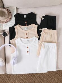 Loomiva Set de 6 piezas de chaleco y pantalones cortos de punto casual y lindo para bebé niño, paquete básico, verano - Multicolor - Ver 2