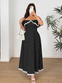 Vionelle Plus Size Women's Spring/Summer Black Elegant Romantic Polka Dot Tube Lace Trim Maxi Dress, Waist Cinching Slimming, Suitable For Parties, Dates, Valentine's Day, Garden Parties - Black and White - View 4