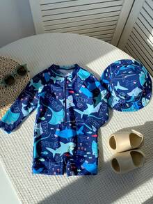 SHEIN 2pcs Baby Boy/Girl Casual Cute Shark Print Long Sleeve Swimsuit With Swim Cap, Suitable For Spring/Summer Vacation, Beach, Pool Party