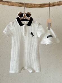 男婴纯色刺绣Polo领连帽休闲连体衣 - 黑與白 - 查看 5