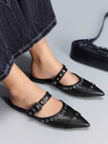 CUCCOO GRLICON Zapatos planos con puntera puntiaguda y decoración de remaches para mujer - Negro - Ver 5