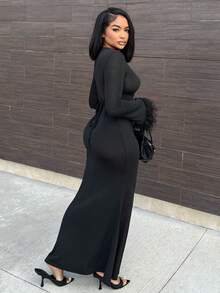 Alexandranx New Stylish Contrast Panel Cinched Waist Slim Fit Long Solid Black Stretchy Dress - Black - View 4