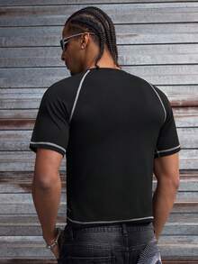 AXEPEAK 男士字母印花圆领插肩短袖修身T恤 - 黑色 - 查看 2