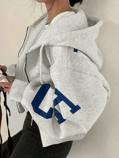 INAWLY Plus Size Loose Casual Hooded Zip-Up Letter Print Sweatshirt ,Graduation, Teachers For Women, Back To School Fall Winter Autumn