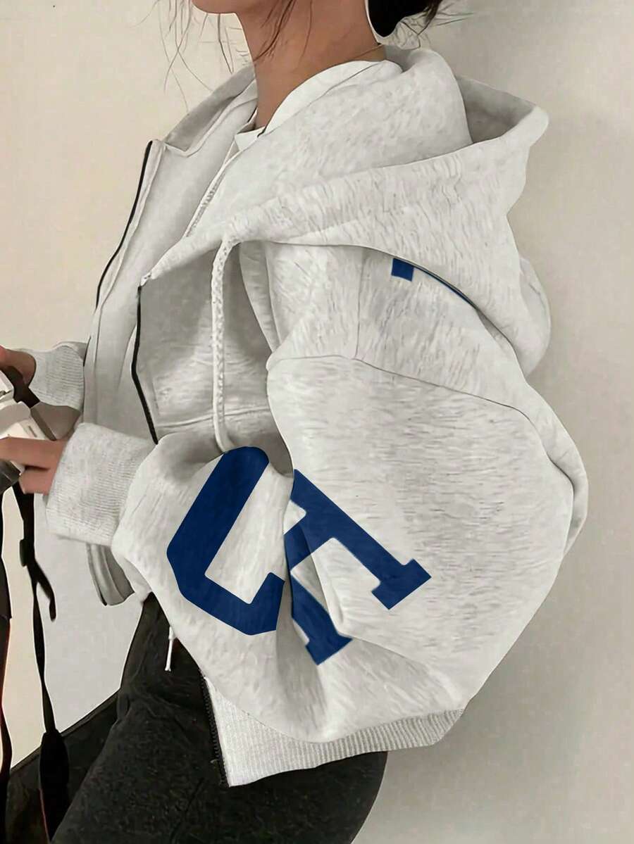 INAWLY Plus Size Loose Casual Hooded Zip-Up Letter Print Sweatshirt Graduation,Back To School Outfits,Graduation,Teacher Outfits For Women,Back To School Pullover Fall Outfit Winter Autumn - Apricot - View 1