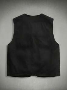 HIMLAND 男士休闲纯色翻盖口袋拉链背心 - 黑色 - 查看 3