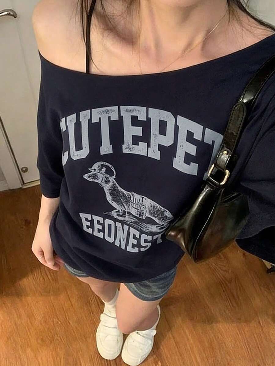 INAWLY Women's Casual Letter Print Asymmetric Neck Loose Short Sleeve T-Shirt, Summer Graphic Tees Women Tops - Navy Blue - View 1