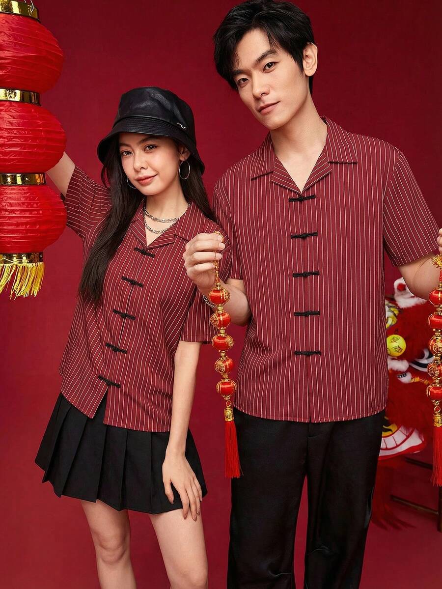 SWAVVY Men's Chinese Style Striped Button-Down Short Sleeve Shirt, Spring/Summer Couple Outfits Sets Red Striped Chinese Shirt