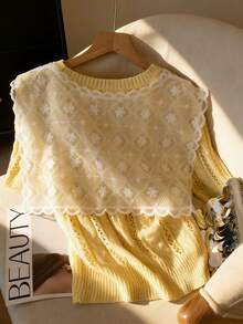 SHEIN LUNE 2026 Plus Size Women's Fashion Casual Simple Versatile Short-Sleeve Round Neck Lace Yellow Sweater Perfect For Everyday Wear - Yellow - View 3