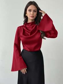 Firerie Women's Elegant Long-Sleeved Shirt / Glossy Top / Faux Silk Satin Shirt / Commuter Shirt / Brown Blouse / Office/Business Attire / New Year's Look / Vintage Style Shirt / Bell Sleeve Shirt - Red - View 3