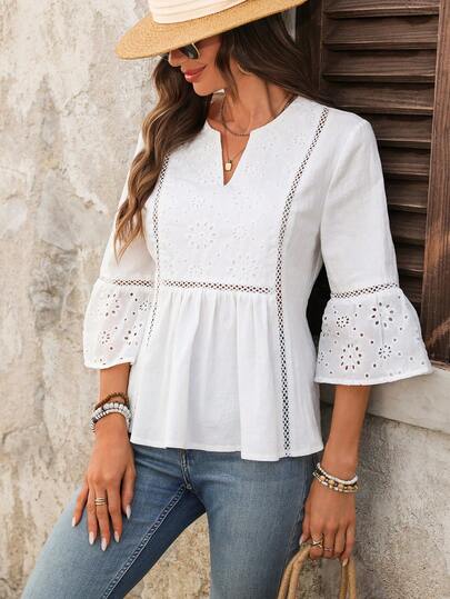 EMERY ROSE Blusa de mujer de manga acampanada con bordado calado y parches de unicolor para vacaciones