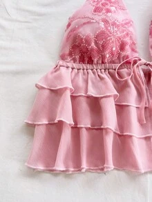 Soleia 女士度假休闲优雅浪漫粉色吊带荷叶边露背吊带露背吊带衫粉色娃娃衫夏季，适合海滩邮轮度假、休闲度假、海岛度假、情人节下午茶等场合。 - 淡黃色 - 查看 4