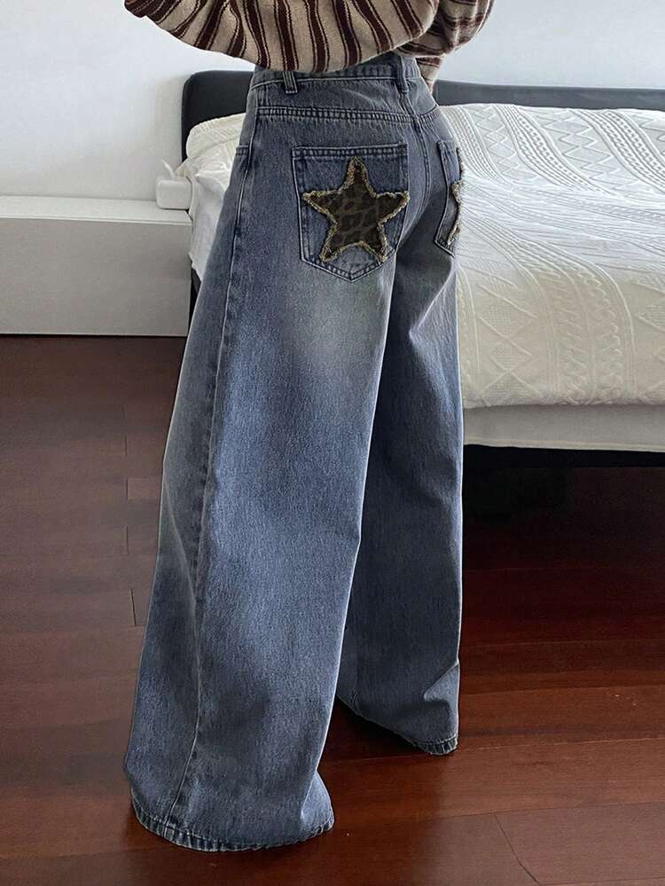 Women's Straight Leg Jeans With Star Pocket Decoration, Casual Street Style
