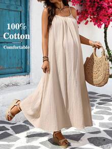 SHEIN Robe de maternité ample plissée de couleur unie avec bretelles - Nude - Voir 1