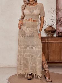 SHEIN LilyWest Western Style New Hollow Tassel Hem Round Neck Short Sleeve Cropped Top And A-Line Long Skirt Two Pieces Knit Set, Versatile - Khaki - View 1