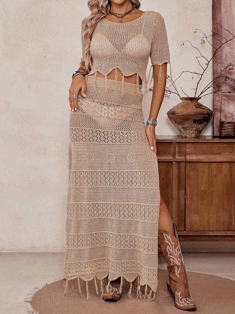 SHEIN LilyWest Western Style New Hollow Tassel Hem Round Neck Short Sleeve Cropped Top And A-Line Long Skirt Two Pieces Knit Set, Versatile - Khaki - View 1